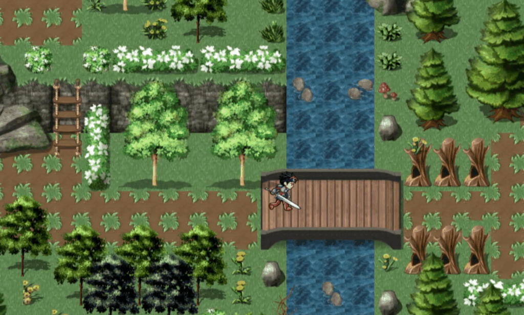 A man in an indei game in a verdant landscape 2d