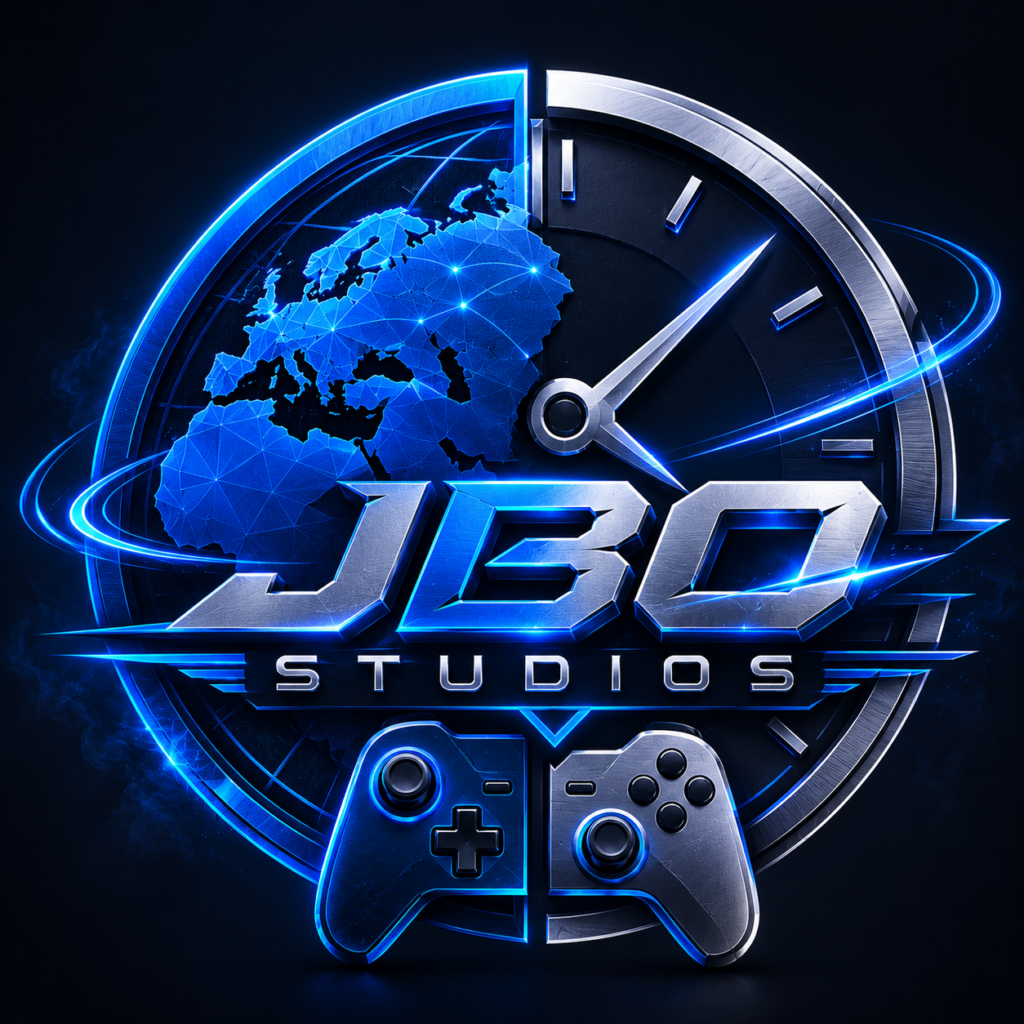 JBO Studios logo a planet, a clock and a controller
